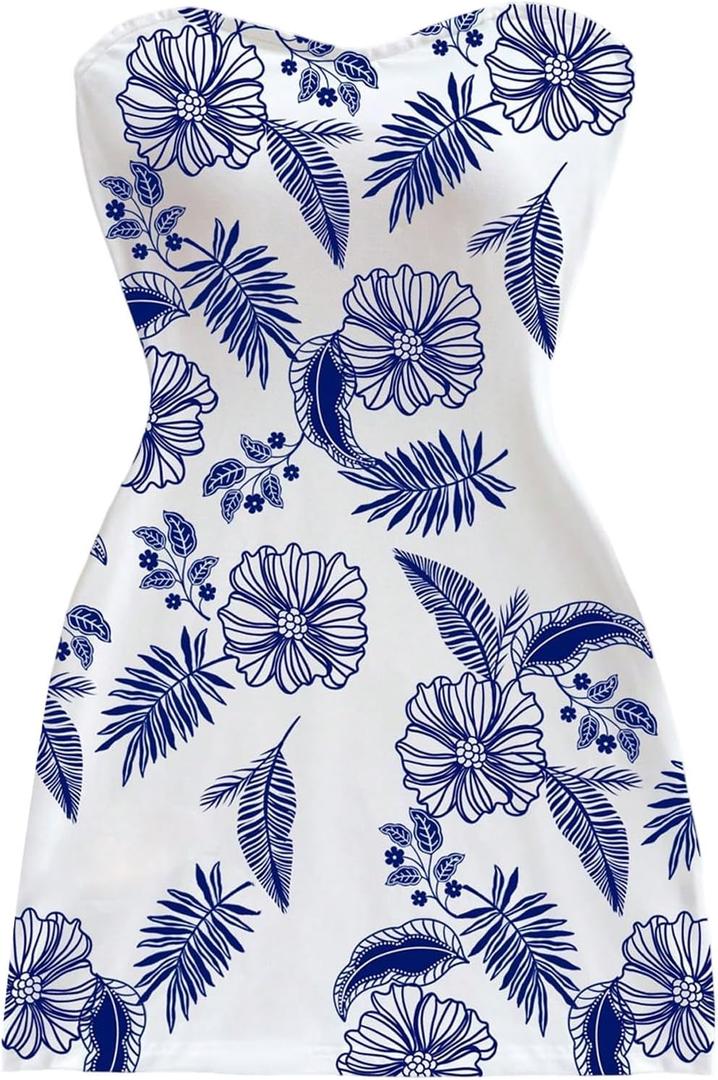 Floerns Women's Summer Floral Tube Mini Dress Strapless Backless Party Club Bodycon Dresses (Medium, Blue and White)