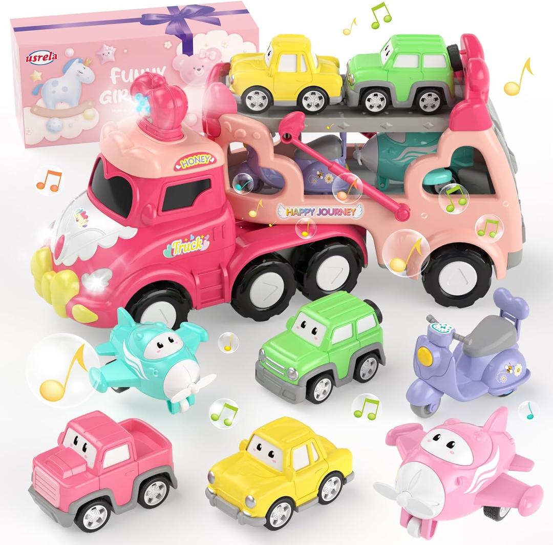 usrela Toys for 2 3 Year Old Girl Truck, 7-in-1 Carrier Truck with Light & Music, Toddler Girl Toys Age 2-4 3-5, Princess Toy Trucks for 2 + 3 + Year Old Girls Birthday, 13.07 x 4.37 x 6.46 inches