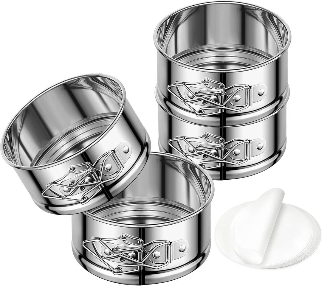 4" Springform Cake Pan, 4 Pcs Stainless Steel Springform Pans with 50 Pcs Paper Liners, Leakproof & Nonstick Cheesecake Pan with Removable Bottom, Small Cake Pan for Mini Pizzas Quiches 4" Springform Cake Pan, 4 Pcs Stainless Steel Springform Pans with 50 Pcs Paper Liners, Leakproof & Nonstick Cheesecake Pan with Removable Bottom, Small Cake Pan for Mini Pizzas Quiches