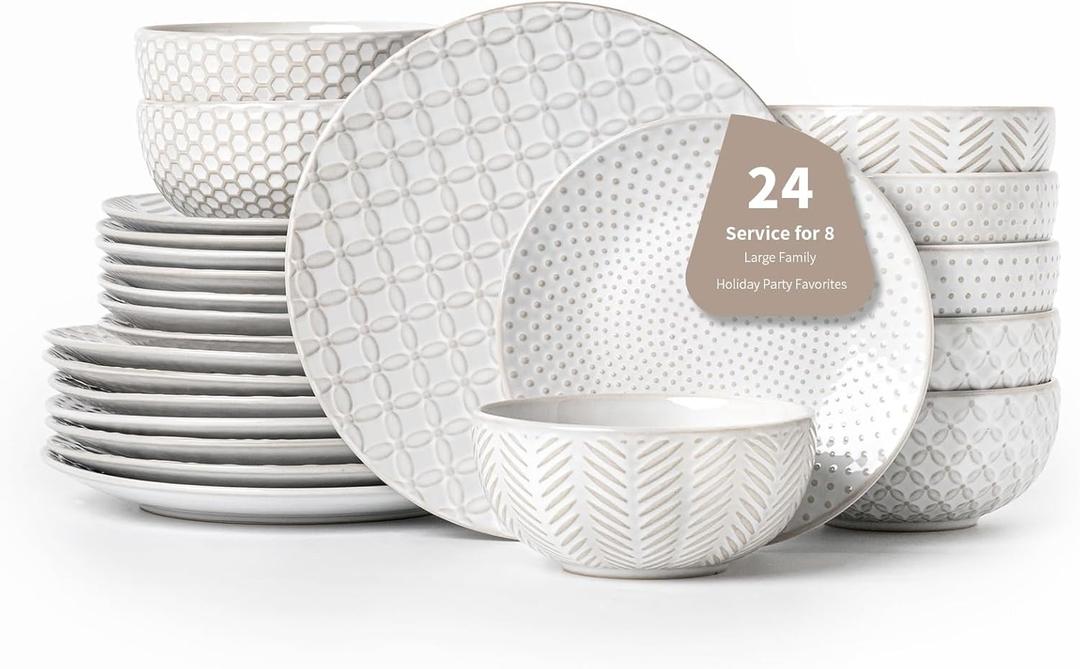 24 Piece Dinnerware Sets for 8, Premium Stoneware Plates and Bowls Sets, Microwave & Dishwasher Safe, Elegant Dishes for Entertaining & Special Occasions  A Stunning Gift for Large Families (Mixed Embossment)