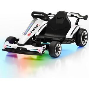 Firstness 24V 10AH Go Kart for Kids 800W Powerful Drift Cart with 4-Length Adjustable Seat Outdoor Ride On Toys Kids Driving Car with 3 Speed Mode Music Lights for Ages 6+ Boys & Girls, White