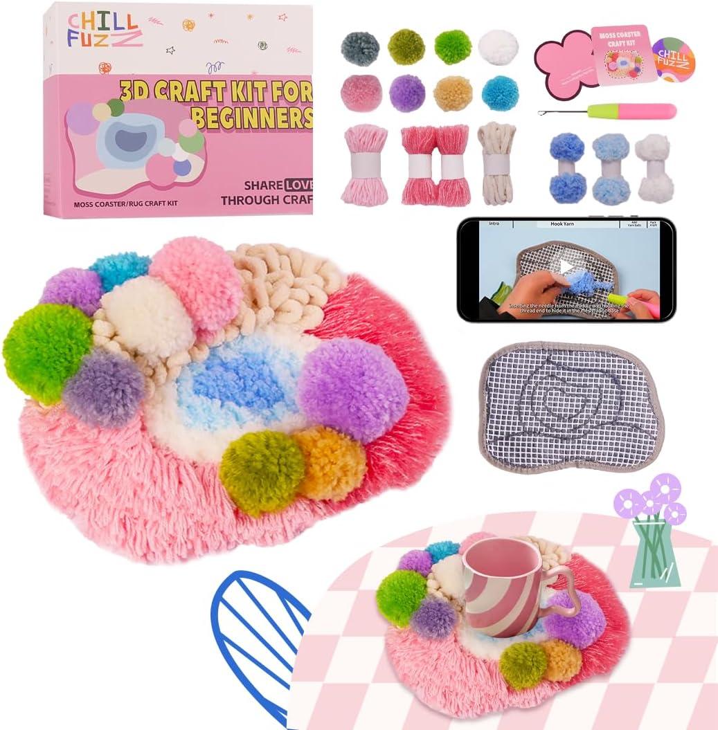 ChillFuzz Latch Hook Kits for Adults - Kids Crochet Kit for Beginners Arts and Craft Kit Moss Rug Coaster Pink Origin