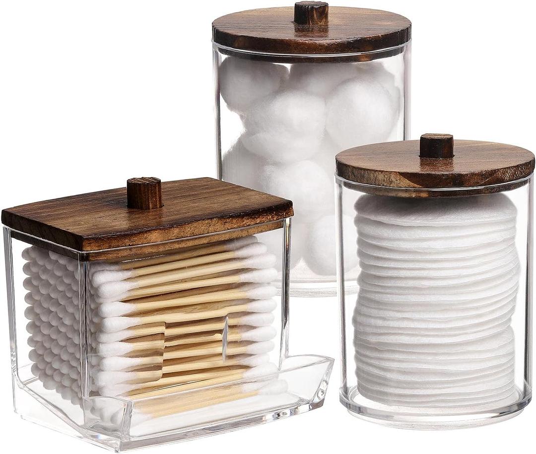 Tbestmax Qtips Holder Bathroom Container, 10 OZ Cotton Ball/Swabs Dispenser, Apothecary Jar Organizer for Storage Brown Wood Lids