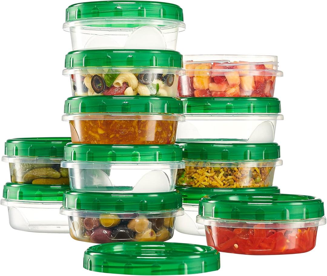 PLASTICPRO 12 Pack Twist Cap Food Storage Containers with Green Screw on Lid- 8 oz Reusable Meal Prep Containers - Freezer and Microwave Safe Green Plastic Food Storage