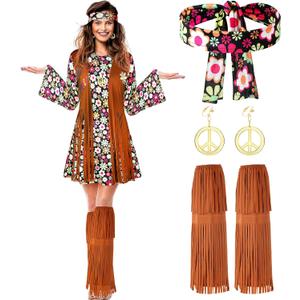 SATINIOR 70s 60s Hippie Costume Set 70s Outfits Accessories for Carnival Party Halloween Women Disco Dress (Adult Size (large))