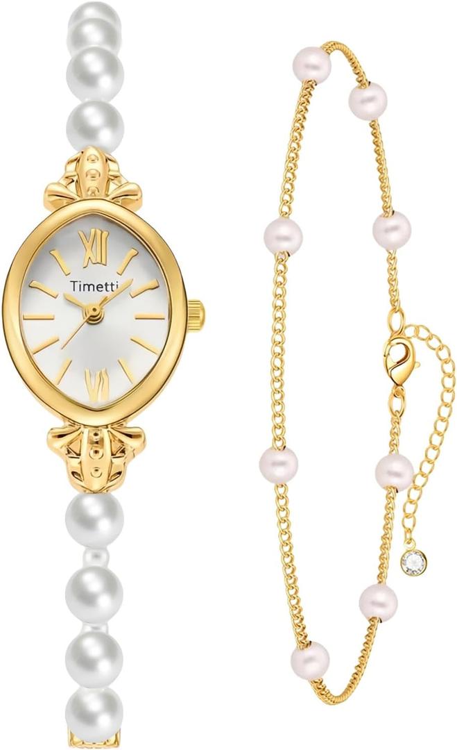 CARLIEN Women's Petite Vintage Gold Tone Pearls Bracelet Quartz Watch Elegant Dainty Oval Dial Alloy Strap Stylish Casual Dress Analog Wristwatch Waterproof