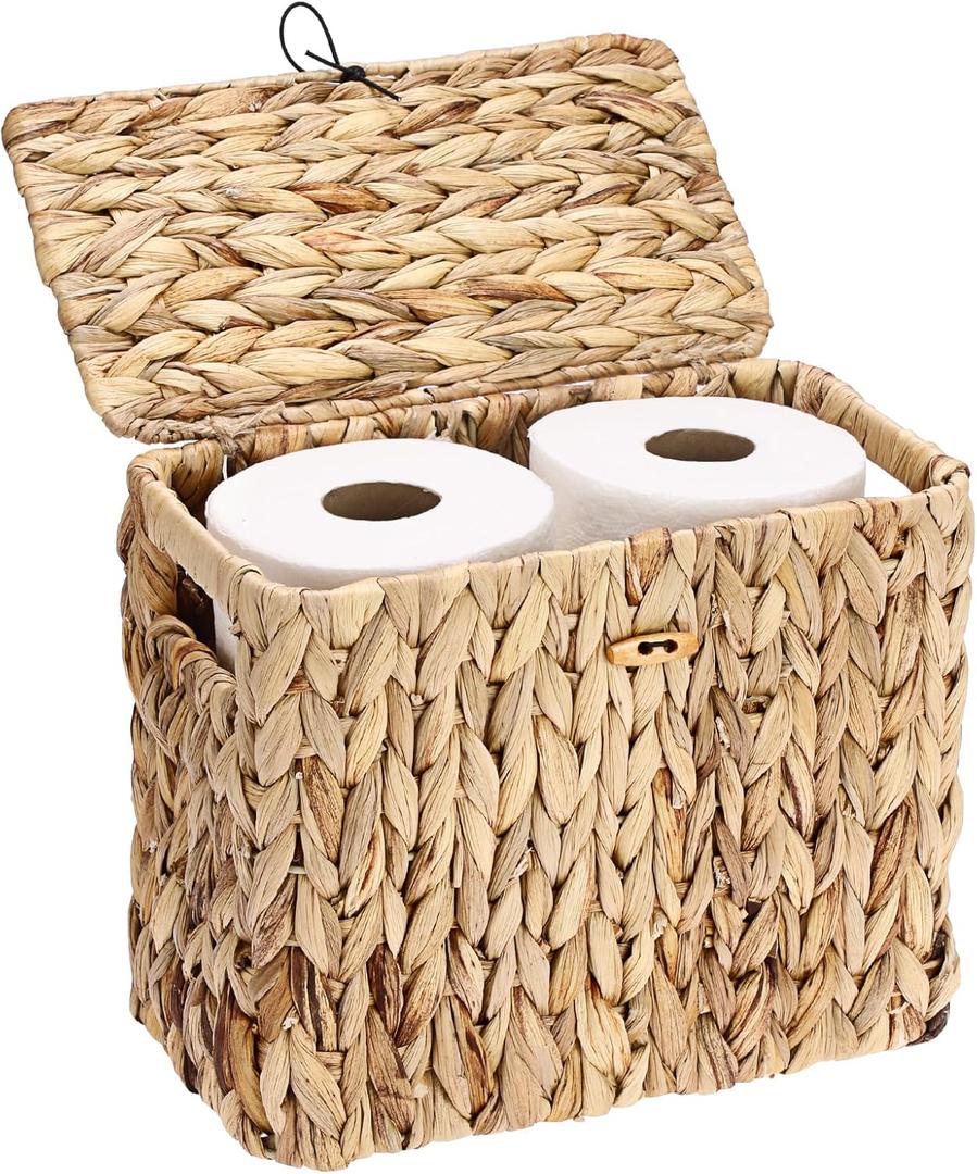 Sumnacon Toilet Paper Basket, Wicker Water Hyacinth Toilet Paper Holder with Handles and Lid, Holds Up to 4 Mega Rolls, Decorative Farmhouse Woven Bathroom Accessories Toilet Tissues Organizer, Small