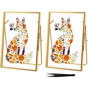 4x 6'' Gold Floating Frame Set Of 2 For Photo Sizes 2x3'',3.5x 5'',4x6'',Brass Metal Lace Edge Frames,Double Glass Adjustable Tabletop/Shelf Photo Frame, Christmas Framed Wall Art Craft Ornaments Classy Gifts