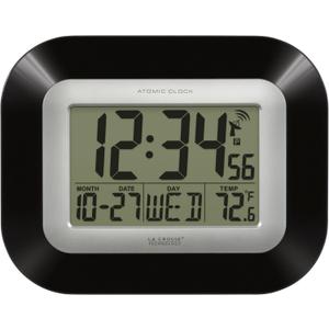 La Crosse Technology WT-8005U-B-INT Atomic Digital Wall Clock with Indoor Temperature, Black,
