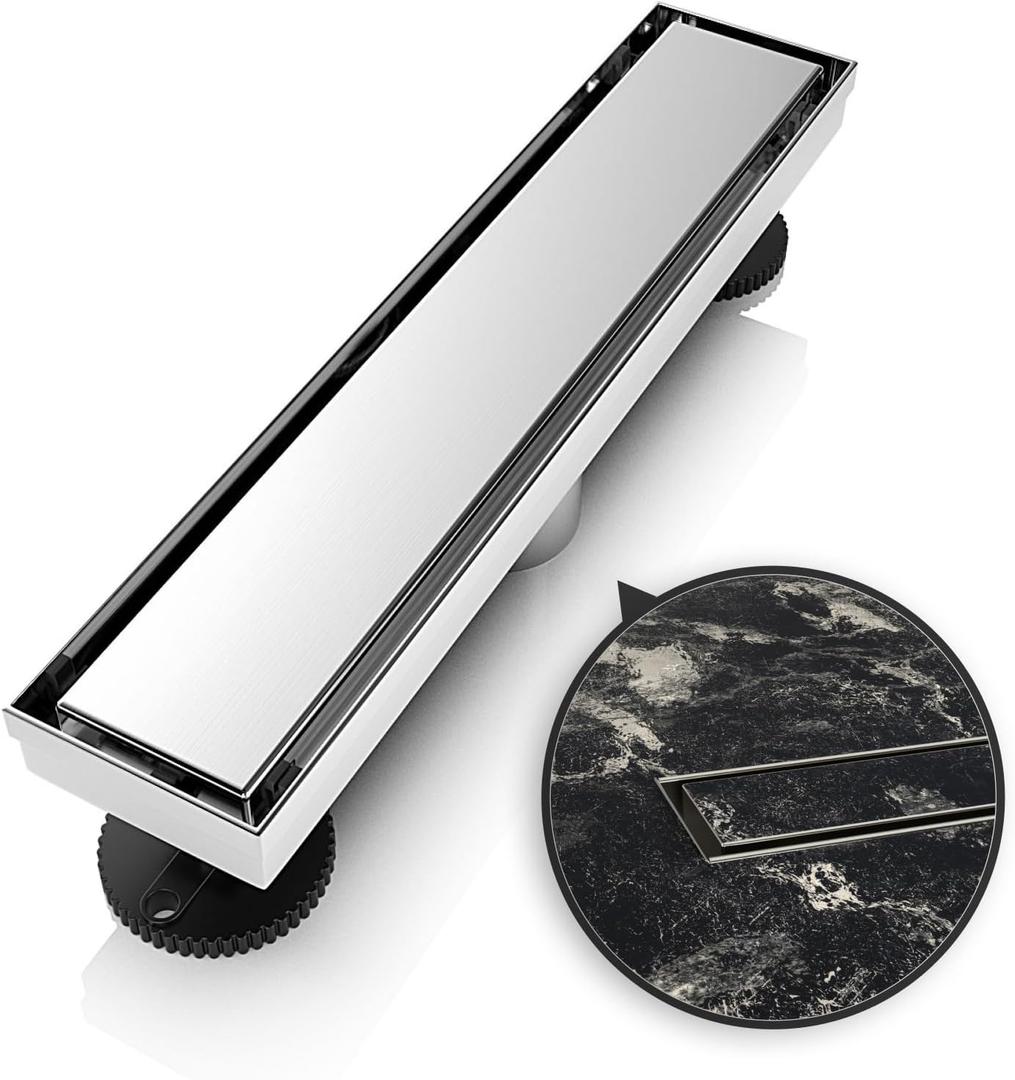 12 Inch Linear Shower Drain Rectangular Floor Drain with Accessories Reversible 2-in-1 Cover Tile Insert Grate Removable SUS304 Stainless Steel CUPC Certified Brushed