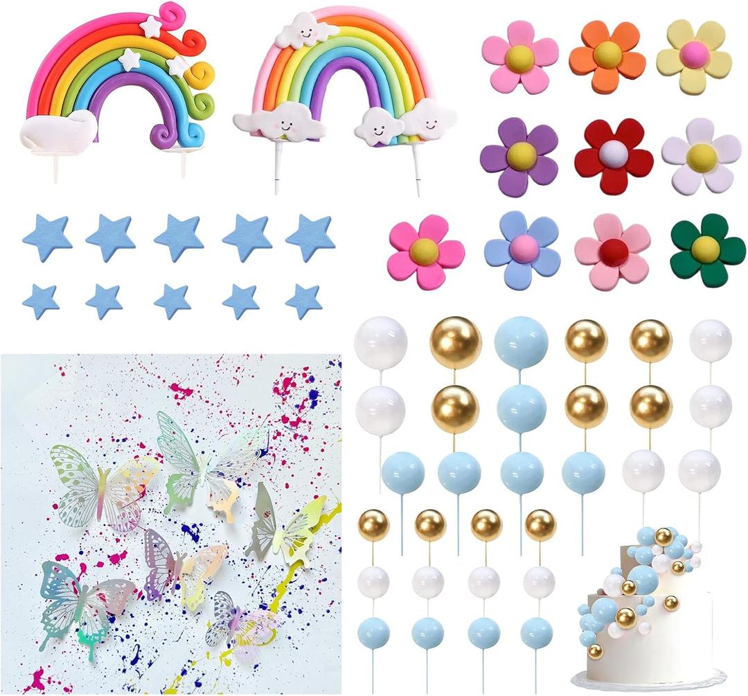 58Pcs Pastel Rainbow Cake Topper Colorful Balloons Stars Butterfly Daisy Flower Cake Decorations for Wedding Birthday Party Supplies