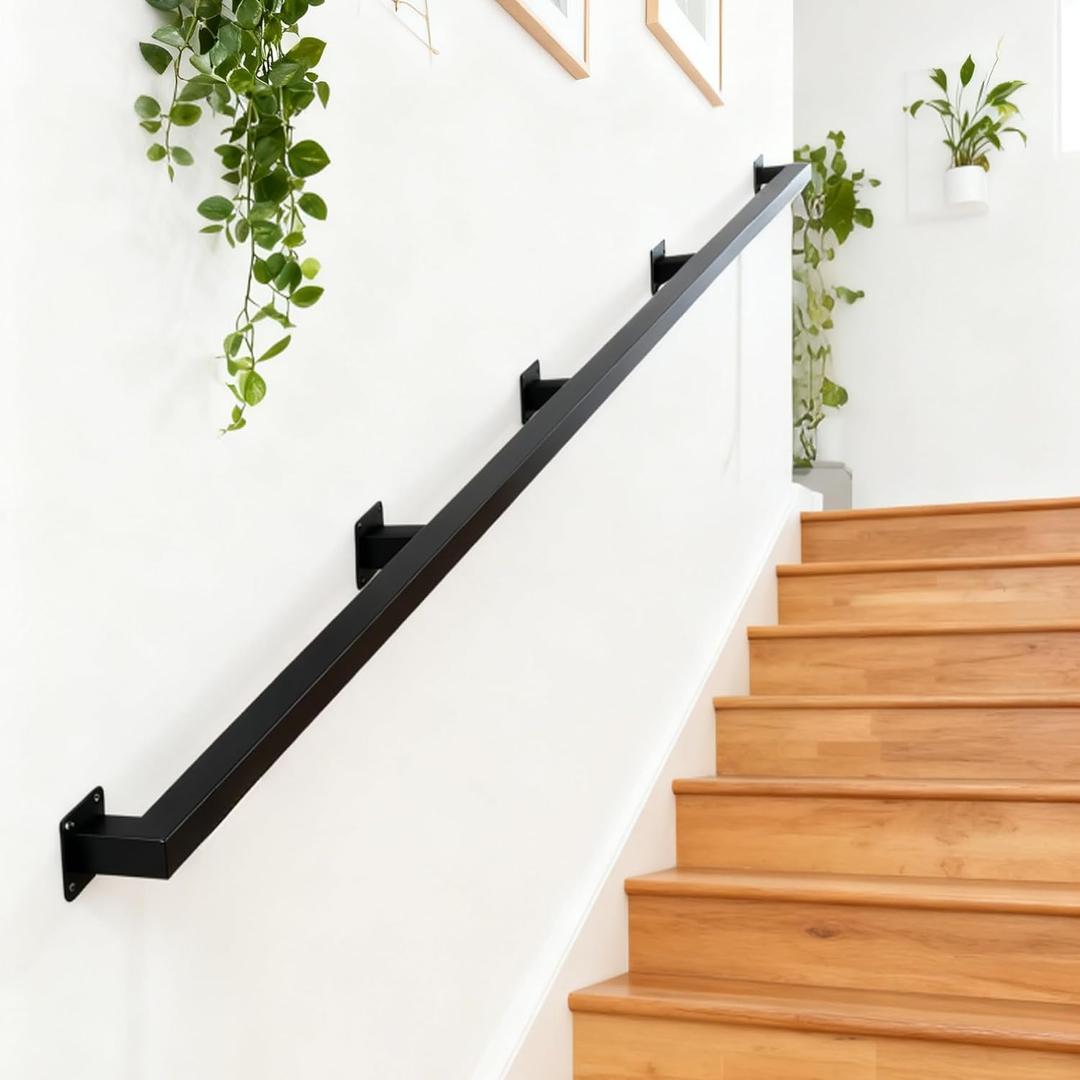 14FT Stair Railing Indoors, Metal Hand Rails for for Stairs Hallway Corridor, Wall-Mounted 500lb Capacity, 4 Sections, Black
