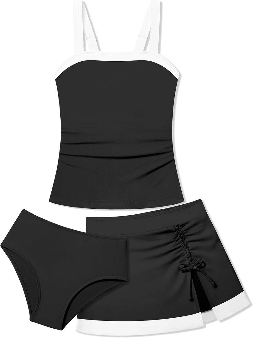 Girls Tankini Swimsuit 3 Piece Color Block Bathing Suits with Drawstring Cover Up Slit Skirt Girls' Swimwear 9-16T (9-10 Years, Black)