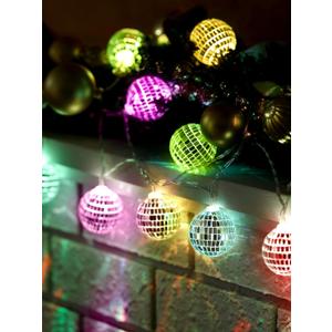 BBTO LED Disco Ball String Light Battery Powered Mirror Balls Ornaments for Outside Backyard Porch 70s 80s Disco Party Supplies(9.84 ft Long,Multi Color)