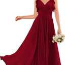 YUAOHUANG Women Chiffon Bridesmaid Dress Flowy Spaghetti Straps V Neck Corset Ruched Ruffle Sleeves Wedding Guest Dresses (Red, M)