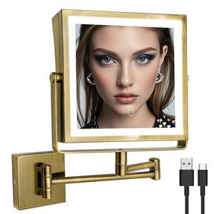 Ruacq Rechargeable Wall Mounted Makeup Mirror with Lights, Double Sided 1X/10X Magnifying Vanity Mirror with 3 Color Lights, Touch Screen Dimmable, 360° Rotation Extension Foldable Arm(Antique Brass)