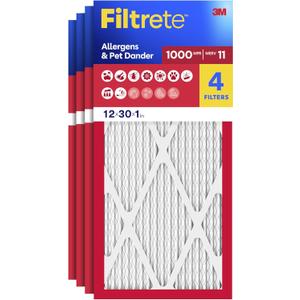 Filtrete 12x30x1 Air Filter, MERV 11, MPR 1000, Allergens & Pet Dander, 3-Month AC and Furnace Filters, Cleaner Air, Reliable Airflow, 4 HVAC Filters (Actual Size 11.81 x 29.81 x 0.81 in)