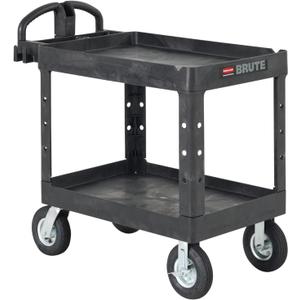 Rubbermaid Commercial Products BRUTE Heavy Duty 2-Shelf Utility/Service Cart, Medium, Lipped Shelves, Ergonomic Handle, Pneumatic Casters, 500 lb Capacity, Black, for Warehouse/Garage/Cleaning/Office