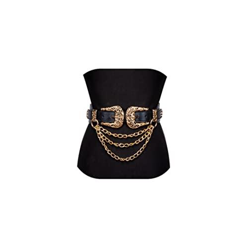 Dubulle Womens Belt Decoration Chain Black Gold Leather Elastic Double Buckle Business Date Gift