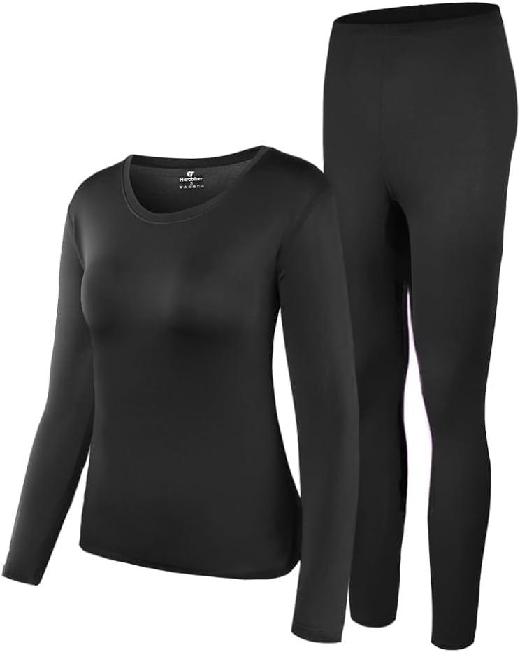 HEROBIKER Thermal Underwear Women Ultra-Soft Set Base Layer Top & Bottom Long Johns with Fleece Lined Winter Warm (Small, Black)