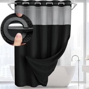 No Hook Shower Curtain and Liner Set,Black Hotel Waffle Shower Curtain with Liner 75" L x 48" W, Small Stall 48"W x 75"L