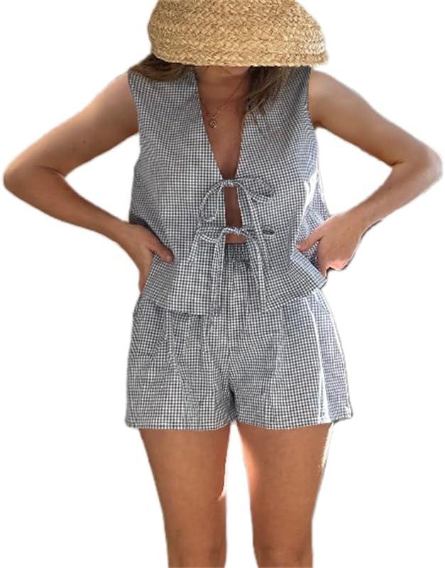 Women Casual Summer Lounge Set Y2k 2 Piece Outfits Set Sleeveless Tie Front Tank Top Vest Boxer Shorts Pj Set (Small, Dark Blue)