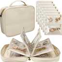 Travel Jewelry Organizer Case,Jewelry Bags Jewelry Storage Book Binder with Clear Zipper Velvet Pouch for Traveling,Earrings, Rings, Necklace, Bracelet (White) (Beige)
