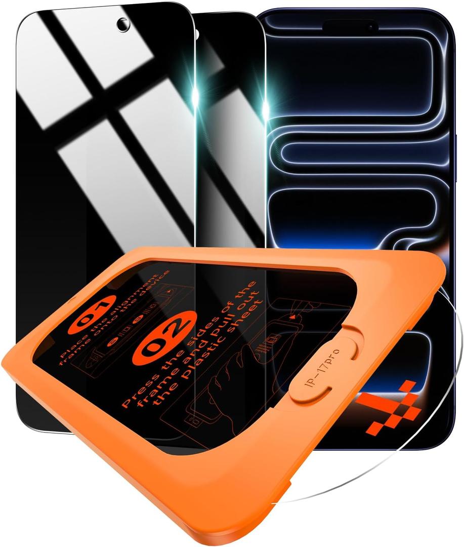 OMOTON Privacy Screen Protector for iPhone 17 Pro [Auto-Align Installation], Tempered Glass with 9H+ Hardness & 12FT Military Grade Shatterproof, 100% Anti-Spy, Full Coverage Protection, 2 Pack