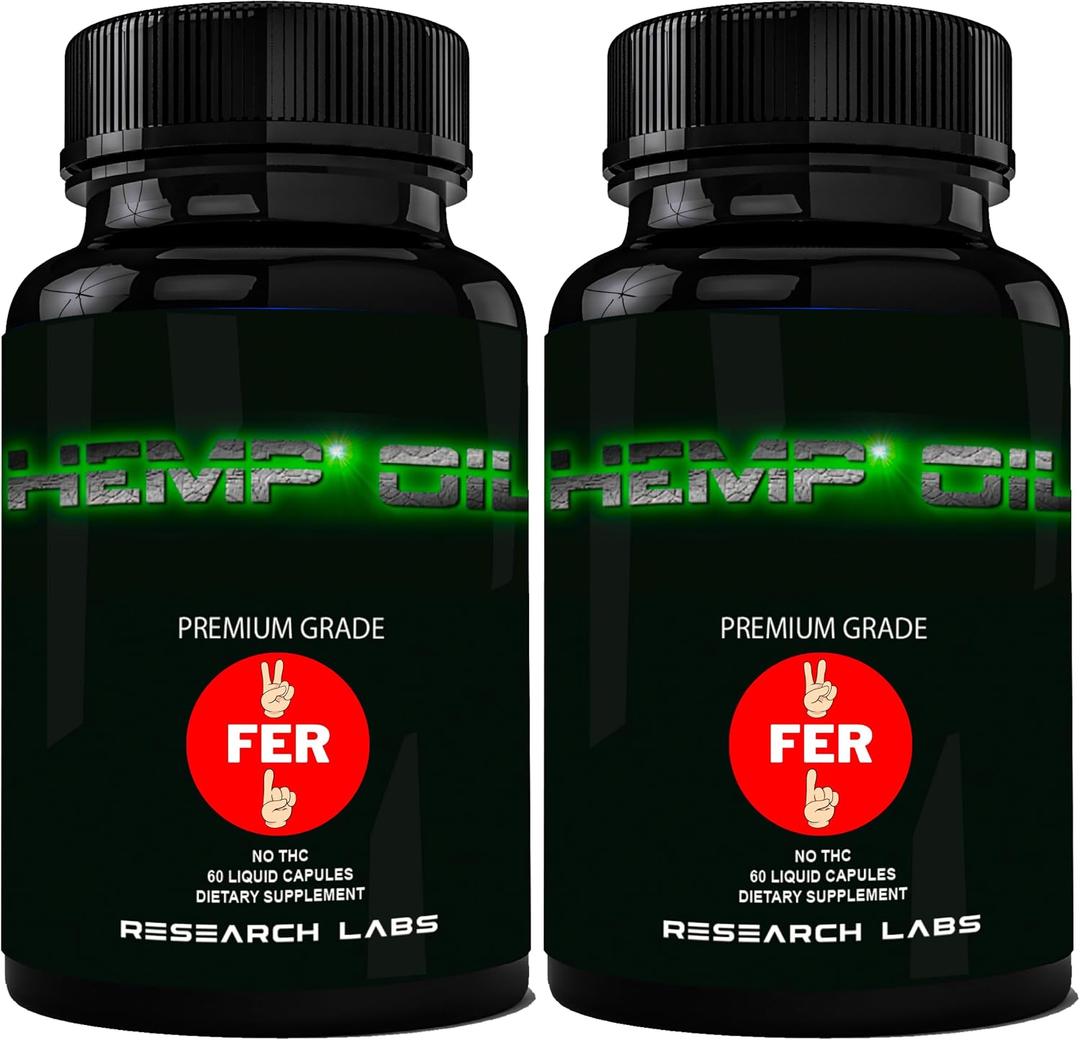 Research Labs Premium Hemp Capsules, 2 Fer 1 Package! 100% Organic All Natural Oil, Worry Nervousness Body Ache Stress Support