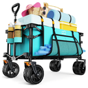 Collapsible Wagon Cart Heavy Duty Foldable, Folding Beach Wagon with Big Wheels for Sand, Utility Grocery Cart with Side Pocket and Brakes for Sports Outdoor Activities, Light Blue