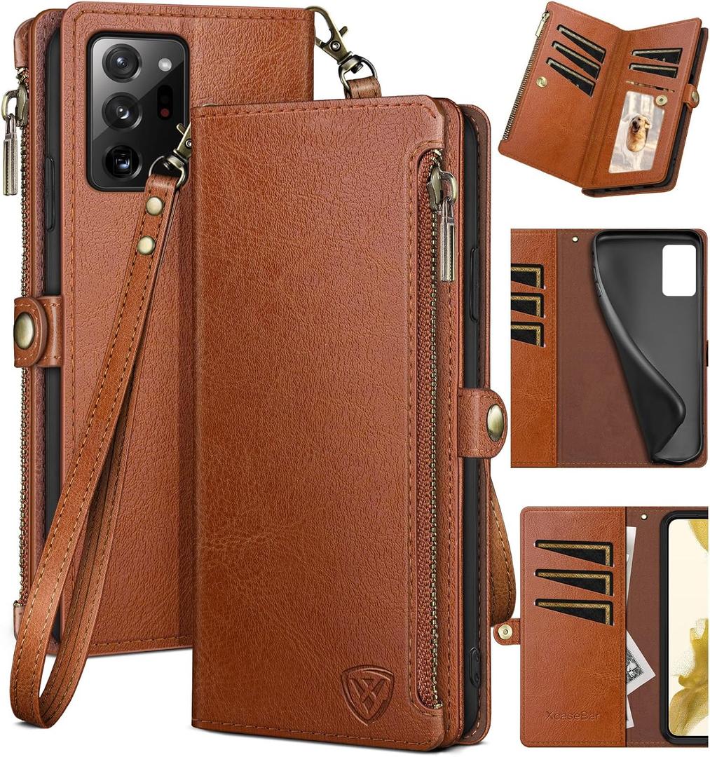 XcaseBar for Samsung Galaxy Note 20 Ultra Wallet case with Zipper Credit Card Holder RFID Blocking,Flip Folio Book PU Leather Phone case Shockproof Cover Women for Samsung Note20Ultra case Light Brown