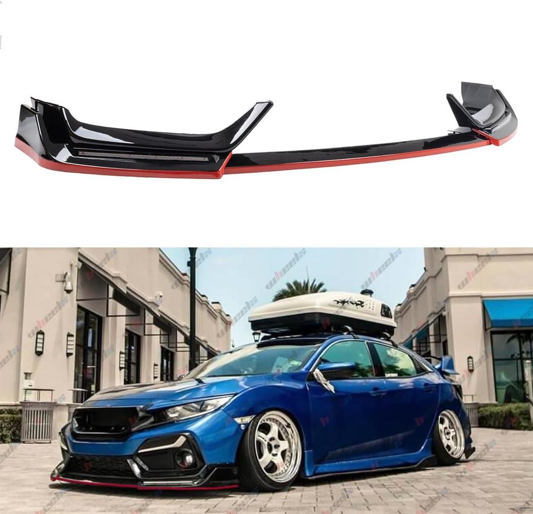 Front Bumper Lip W/Light Compatible with 2017-2021 Honda Civic Hatchback & Si, Red Line Style Air Dam Spoiler Splitter with LED Daytime Running Lights Fit for 17-21 (Gloss Black)