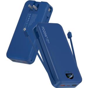 Citicr Portable Charger Power Bank, 20000mAh PD20W USB C Fast Charging with Built-in Cables & Wall Plug, External Battery Pack with LED Display, Travel Essential for iPhone, iPad, Samsung Navy