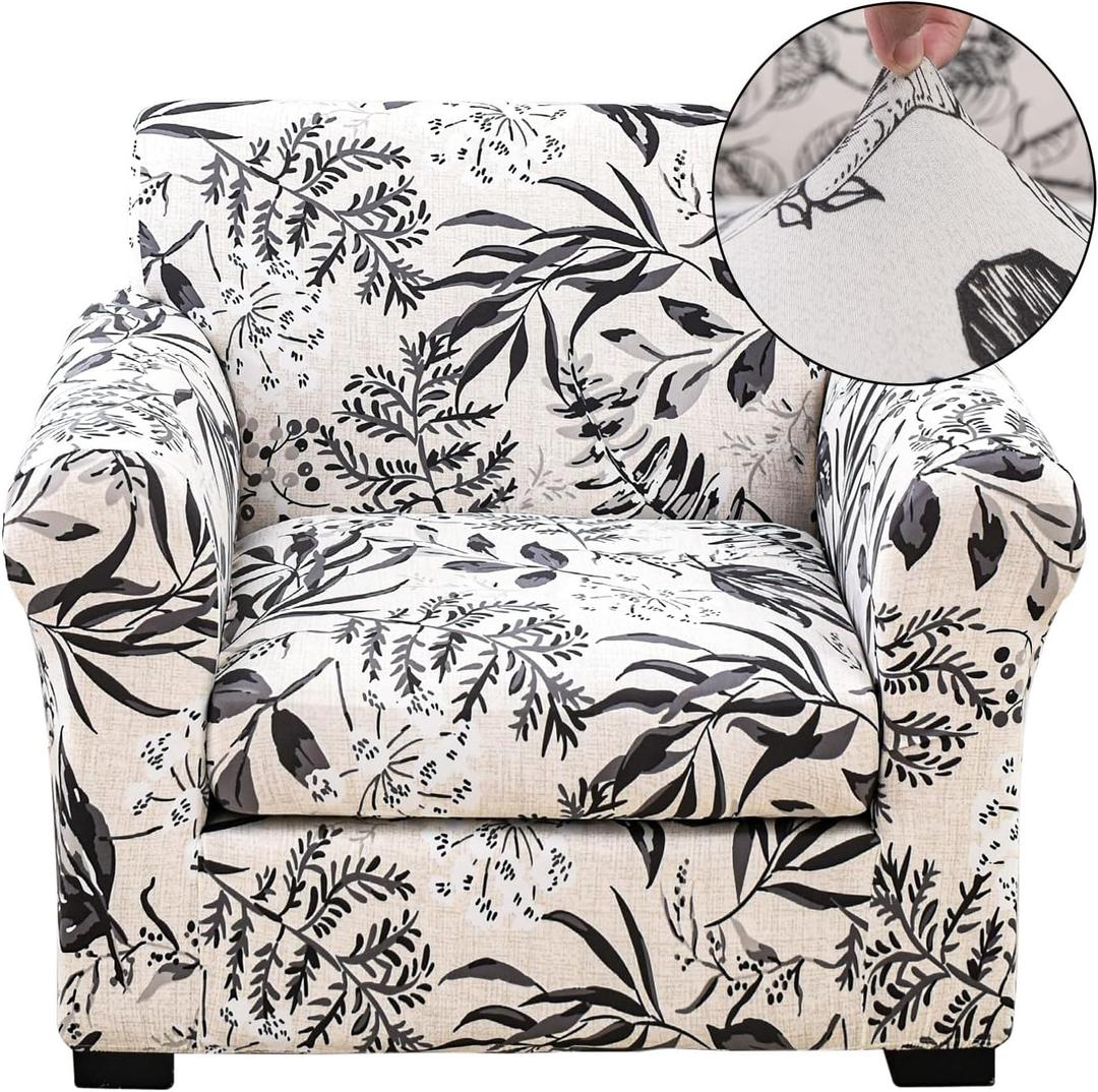 FUANGUI 2 Piece Chair Covers Stretch Arm Covers Chair Couch Covers, Armchair Slipcover with Separate Chair Cushion Cover Floral, Washable Furniture Protector for Living Room (Armchair, Ink Leaf) (Small)
