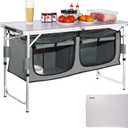 VEVOR Camping Kitchen Station, 3 Adjustable Height Folding Outdoor Camp Cooking Table with Storage Organizer, Quick Set-up for Patio BBQ Picnic Glamping Traveling (Grey)