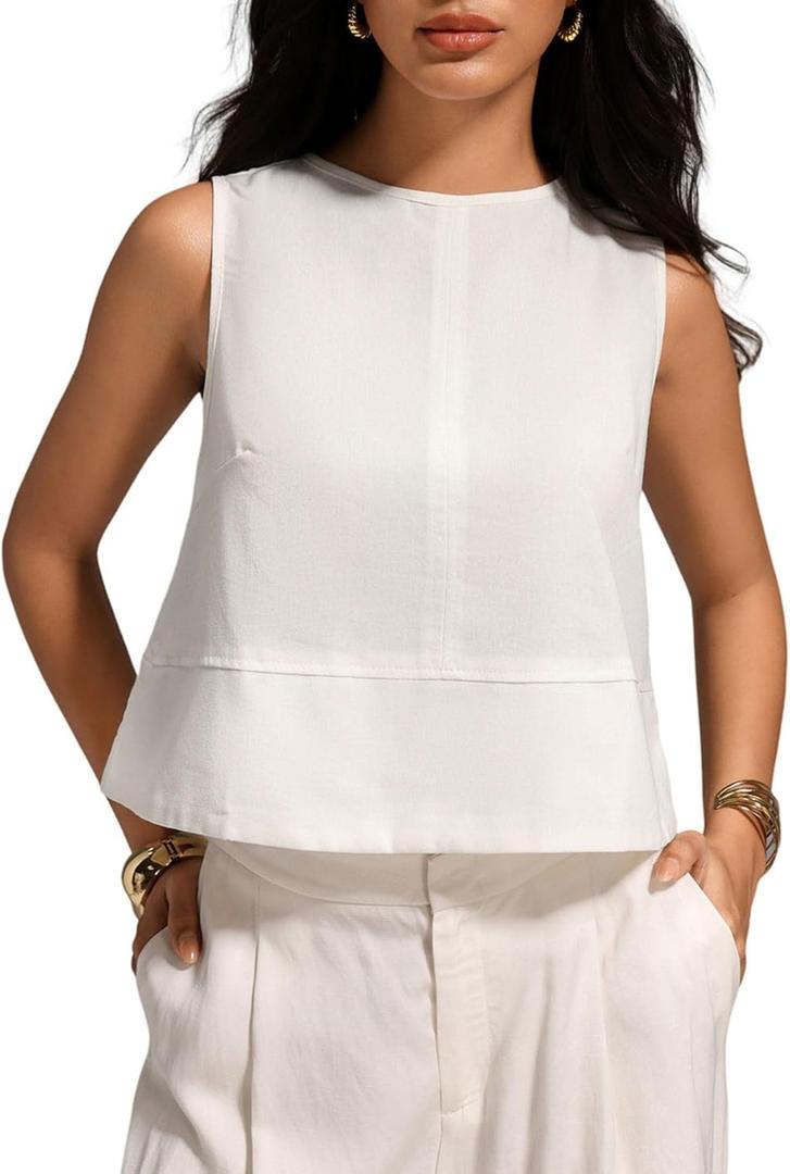 SHENHE Women's Mock Neck Tank Tops Linen Sleeveless Button Plain Elegant Going Out Tops (White, S)
