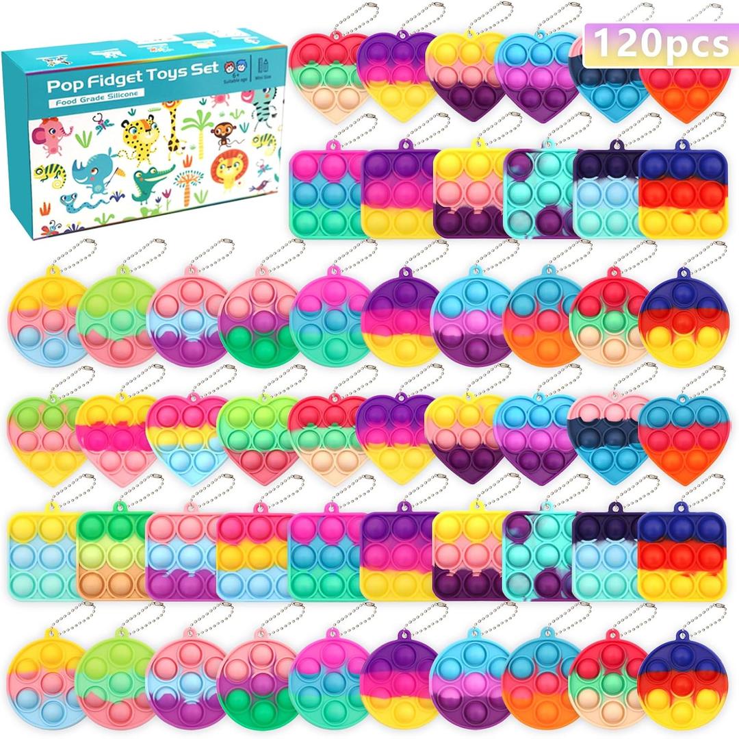 120PCS Kids Party Favors Fidget Toys Bulk Its Birthday Party Favors for Toddlers Adult, Small Classroom Prizes Box Fidgets Toys for Kids, Goodie Bag Stuffers, Treasure Chest, Pop Fidget Keychain