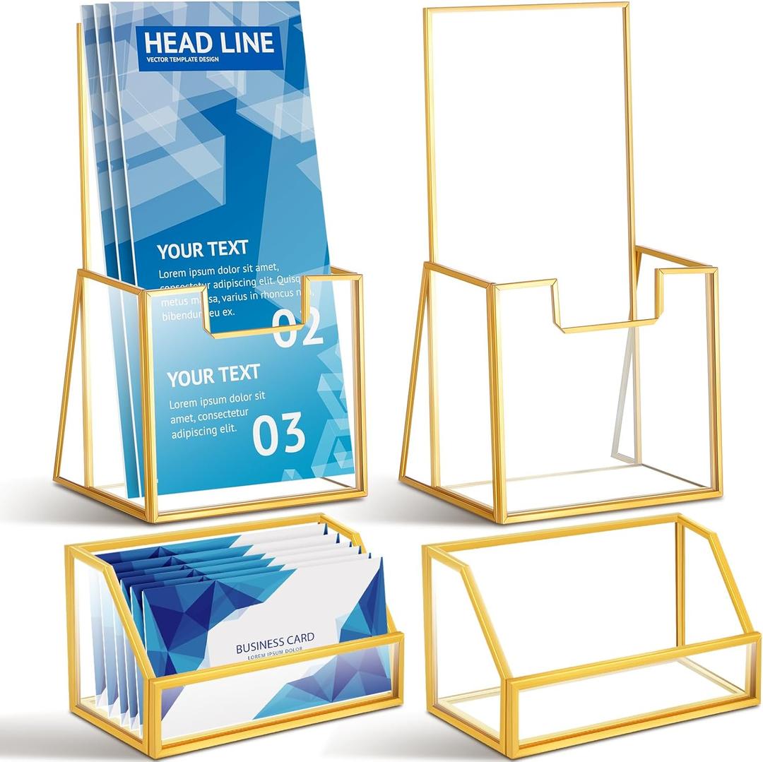 4 Pcs Glass Display Stand Set 2 Gold Glass Brochure Holder Stand 2 Gold Business Card Holder for Office Desktop Countertop Name Card Magazine Literature Journal (4 x 8 '')