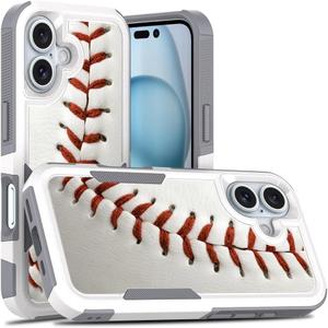 Case for iPhone 16, Baseball Sports Pattern Shock-Absorption Hard PC and Inner Silicone Hybrid Dual Layer Armor Defender Case for iPhone 16
