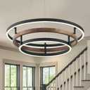 3 Ring LED Chandelier Black Round Chandelier Light Fixture Dimmable Farmhouse Foyer Chandeliers Light Wood-Printed Circular Chandeliers for Dining Room Entry Bedroom Office Living Room 24in