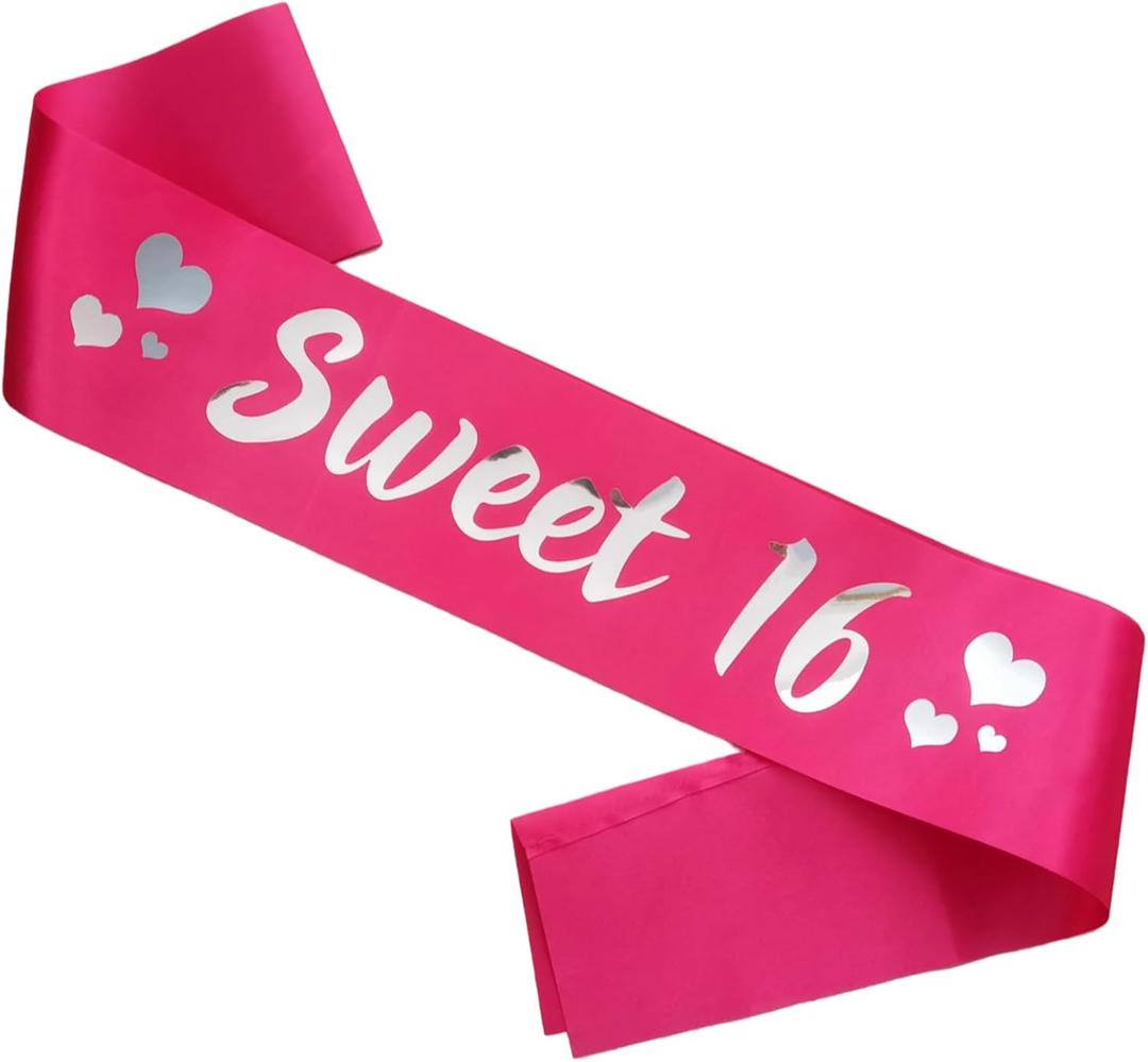 Sweet 16 Birthday Sash, Silver Foil Hot Pink Sweet 16 Birthday Sash for Girl 16th Bday Party Favors Gifts Suppiles
