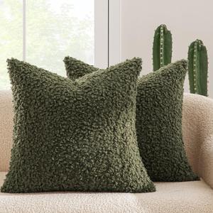 MIULEE Pack of 2 Throw Pillow Covers 18x18 Inch Olive Green Faux Fur Decorative Sherpa Spring Pillow Covers Fuzzy Accent Soft Sheepskin Fleece Cushion Cases for Boho Home Decor Couch Living Room Bed