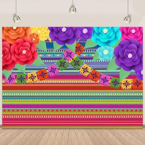 Mexican Cinco De Mayo Backdrop Colorful Stripes Paper Flowers Fiesta Backdrop Fiesta Cinco De Mayo Banner Mexican Party Decorations 7x5Ft