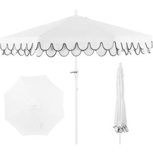 JONATHAN Y UMB1002D Tracy 9 ft. Classic MidCentury Scalloped Fringe Market Patio Umbrella with Auto-Tilt, Crank, Wind Vent and UV Protection in White/Black