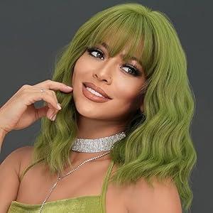 MOSINA Olive Green Short Wavy Wig with Bangs, Pastel Colored Cosplay Wig for Women, Medium & Short Bob Wigs, Halloween Ready