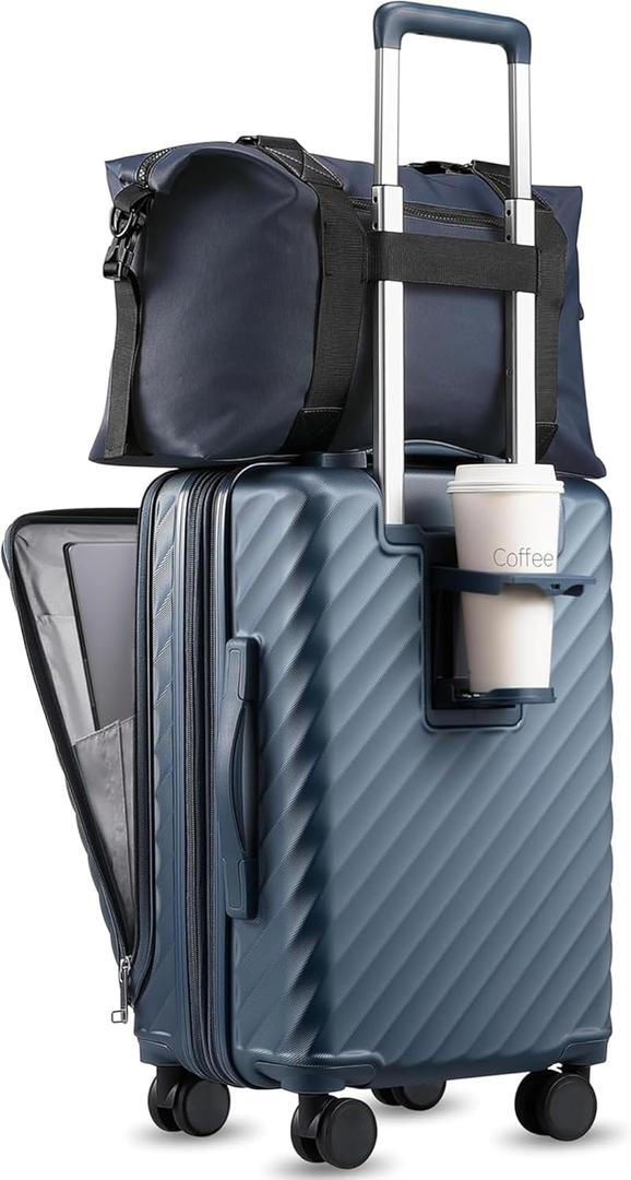 Carry On Luggage with Front Compartment and Cup Holder, KVF Expandable PC Hard Shell Suitcase with Front Pocket (FX-Plus, Midnight Blue, 2-Piece (20/Tote))