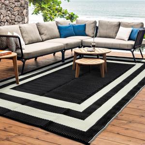 Outdoor Rug Carpet Waterproof Reversible Mats 5x8 ft Patio Rug RV Camping Rug, Plastic Straw Rug Area Rug for Balcony Picnic Beach(Black and White)
