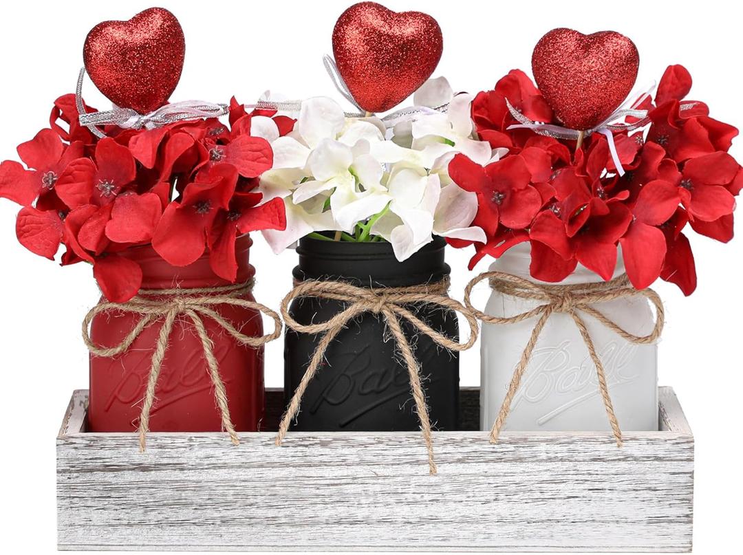 Valentines Table Decor, Valentines Mason Jar Centerpiece for Table with Wood Tray, Black Painted Decorative Mason Jars for Valentines Decorations Kitchen Decor, Mothers Day Gift for Women
