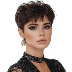 Pixie Cut Wigs Synthetic Short Brown Pixie Haircut Wig with Bangs Glueless Layered Hair for Women