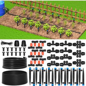 MIXC Greenhouse Micro Drip Irrigation Kit Automatic Irrigation System Patio Misting Plant Watering System with 1/4 inch 1/2 inch Irrigation Tubing Hose Adjustable Nozzle Emitters Barbed Fittings ((Upgraded) 26FT Main Tube+75FT 1/4'' Tube)